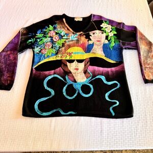 Vintage Kolorway USA Art Wear Sweater Women Portrait Graphic Knit Multi Color XL